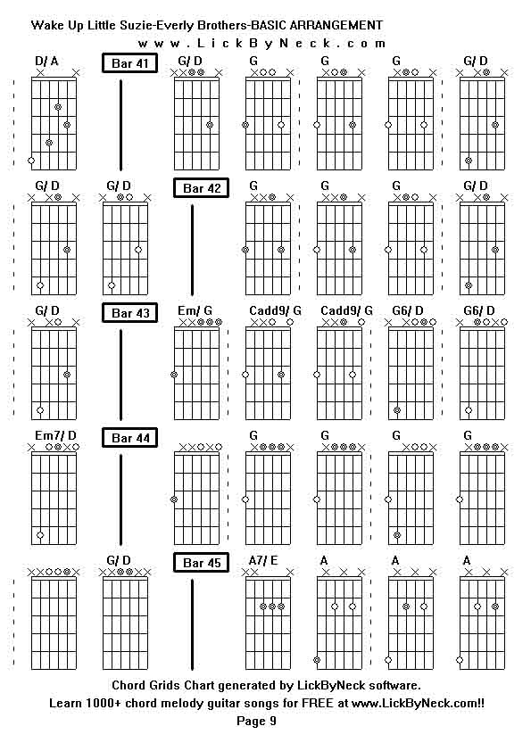 Chord Grids Chart of chord melody fingerstyle guitar song-Wake Up Little Suzie-Everly Brothers-BASIC ARRANGEMENT,generated by LickByNeck software.